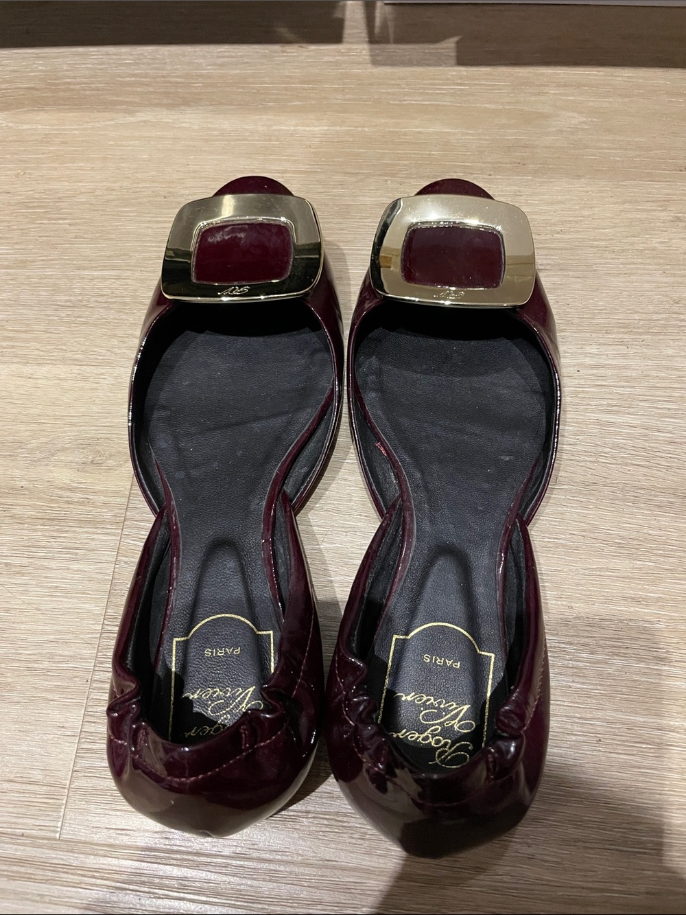 Roger Vivier Burgundy Patent Leather Flats with Gold Buckle